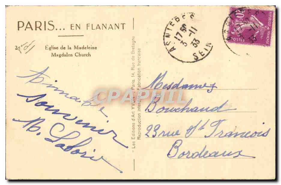 Paris CPA Eglise de la Madeleine — Rückseite