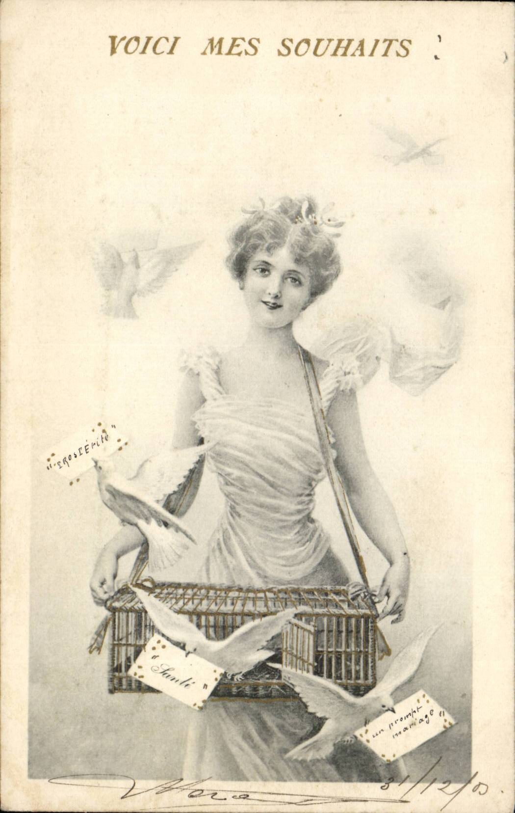 CPA Fantaise Voici mes souhaits Femme et colombes 