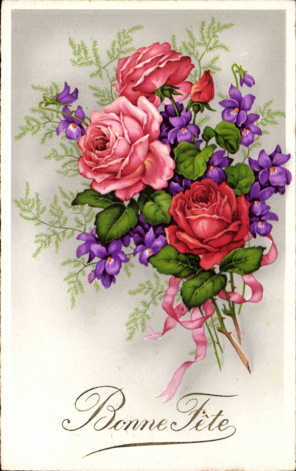 CPA Fantaisie Fleurs Roses Bonne fete