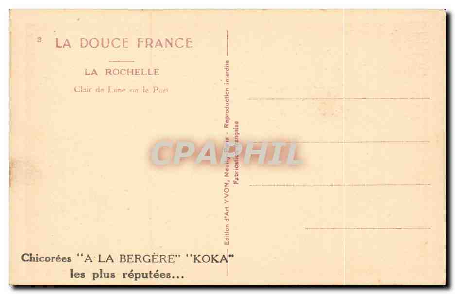 La Rochelle — Clair de Lune sur le Port — Édition d'Art YVON, Paris — Verso