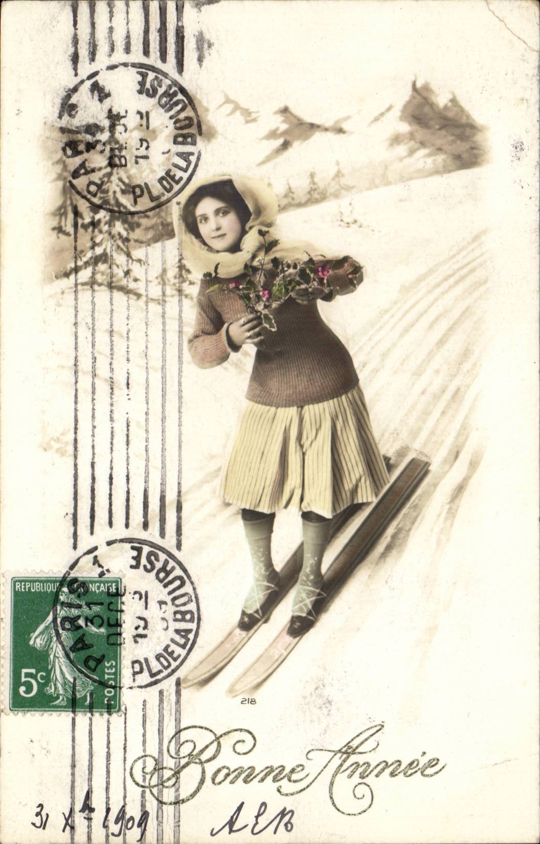 CPA Fantaisie Femme a ski Bonne annee