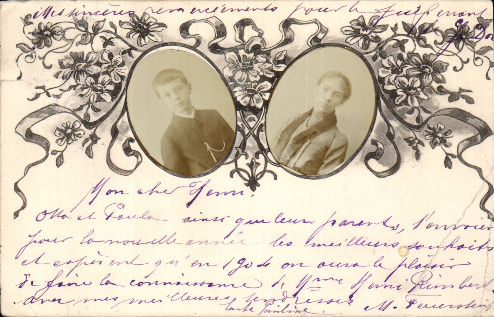 Tarjeta postal antigua Fantasía Mujer y niño en medallón