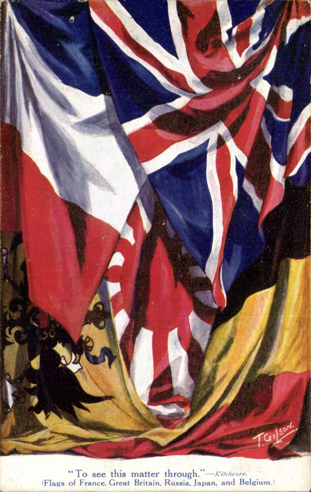 CPA Fantaisie Flags of France Great Britain Russia Japan Belgium Russie Militaria