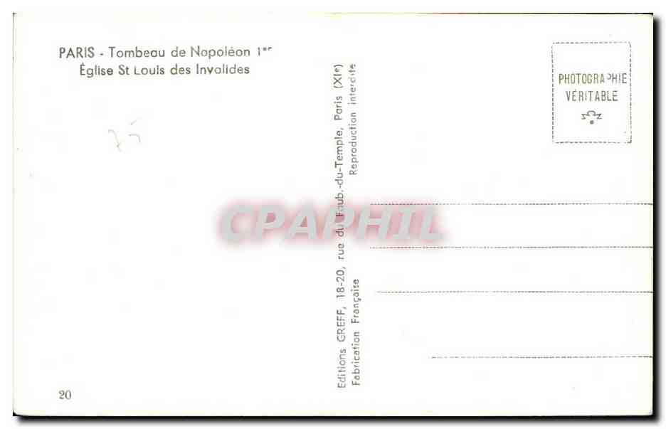 Paris CPA Tombeau de Napoleon 1er Eglise st Louis des invalides — Rückseite