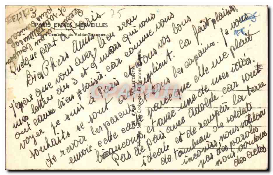 Paris CPA Le tombeau du soldat inconnu — Verso