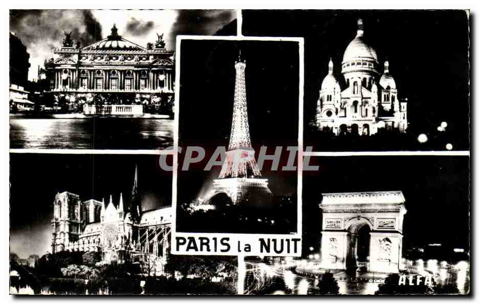 Paris CPM La nuit OPera Sacre Coeur Montmartre Tour Eiffel Notre DAme Arc de triomphe