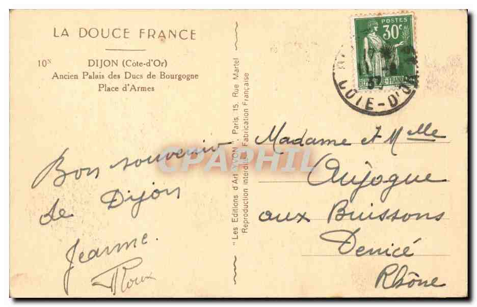 Ancien Palais des Ducs de Bourgogne — Place d'Armes — Éditions d'Art Avon — Rückseite