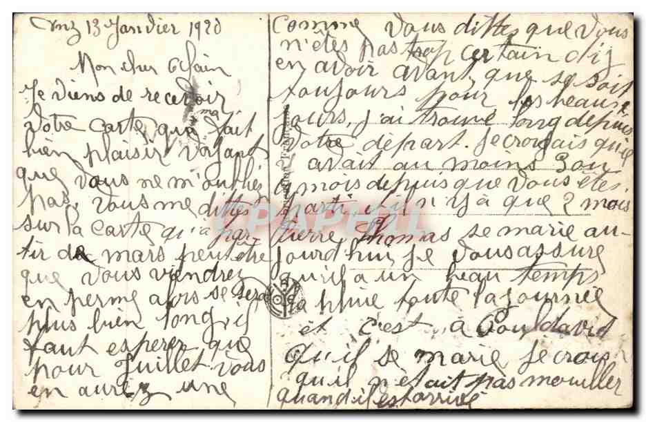Loving Couple — Rural Field — Postcard dated 13 January 1920 — Back