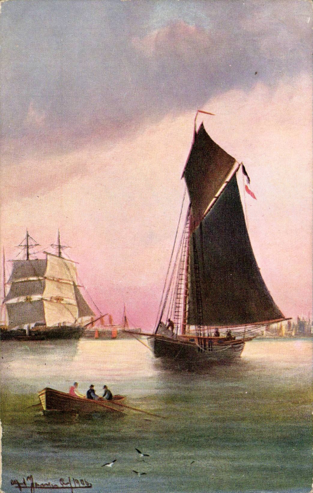 Port maritime — bateaux et barque — signé 'J. Janaria' et daté 1908