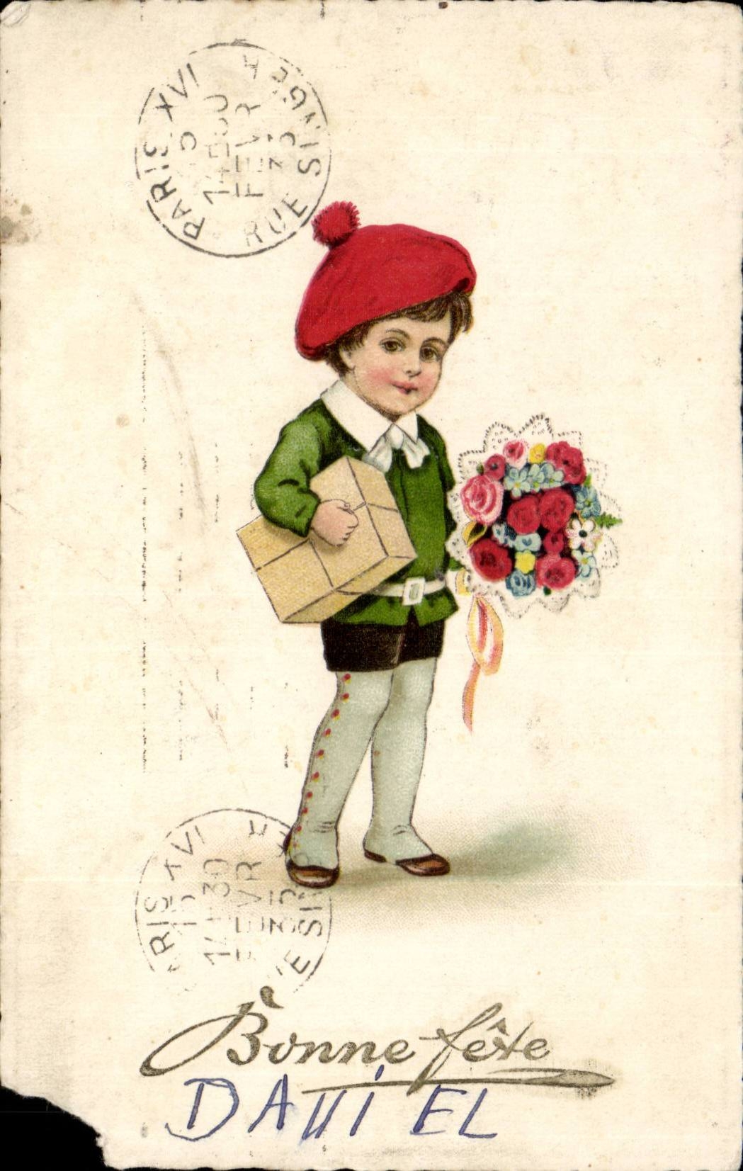 Enfant portant bouquet et colis — éditeur DAVID EL