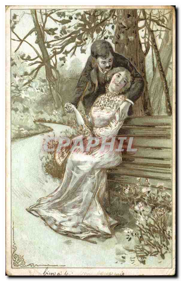 Jeune couple amoureux dans un parc — illustration — éditeur non identifié
