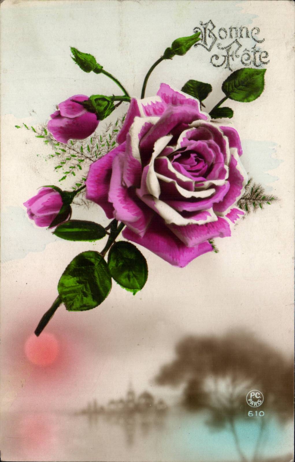 CPA Fantaisie Fleur Rose Bonne fete