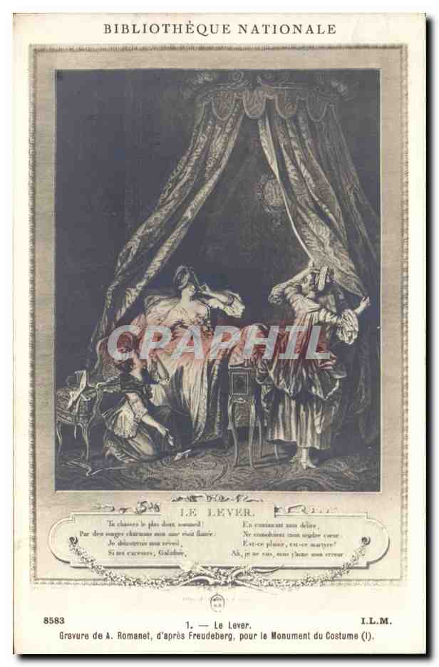 CPA Fantaisie Bibliotheque Nationale Le lever Romanet d'apres FEudeberg Monument du costume