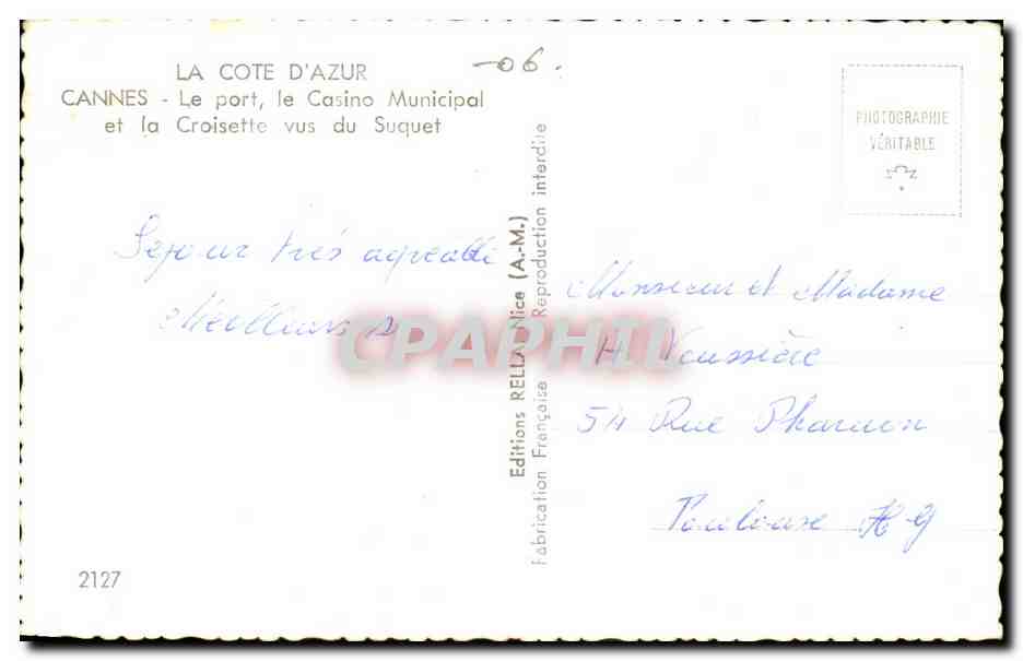 CPM Cannes le port le casino municipal et la croisette vus du Suquet — Rückseite