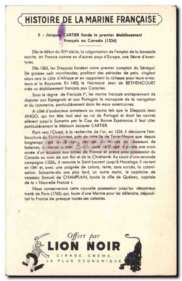 CPA Fantaisie Histoire de la marine francaise Jacques cartier au CAnada ( publicite Lion noir ) — Rückseite