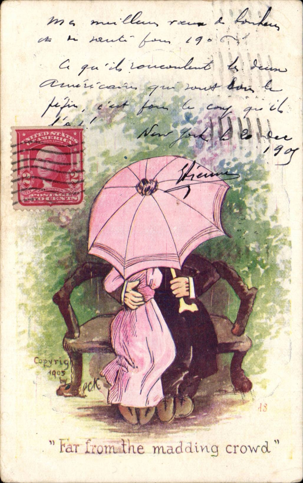 Couple sous parapluie — 'Far from the madding crowd' — P.E.K. Series n°48, copyright 1905