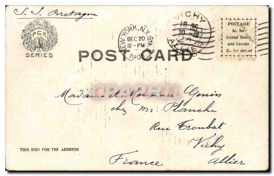Couple sous parapluie — 'Far from the madding crowd' — P.E.K. Series n°48, copyright 1905 — Achterkant