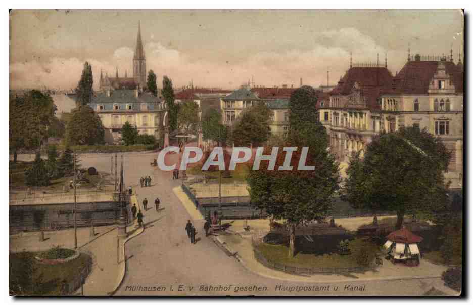 CPA Mulhausen Mulhouse Bahnhof gesehen Hauptpostamt 
