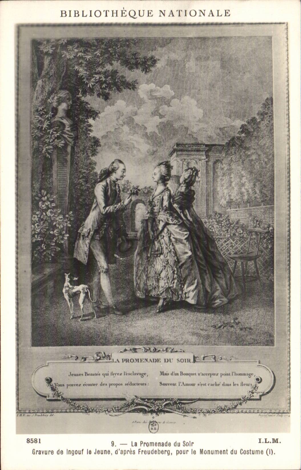 Bibliothèque Nationale — La Promenade du Soir — Gravure de Ingouf le Jeune d'après Freudeberg pour le Monument du Costume (I).