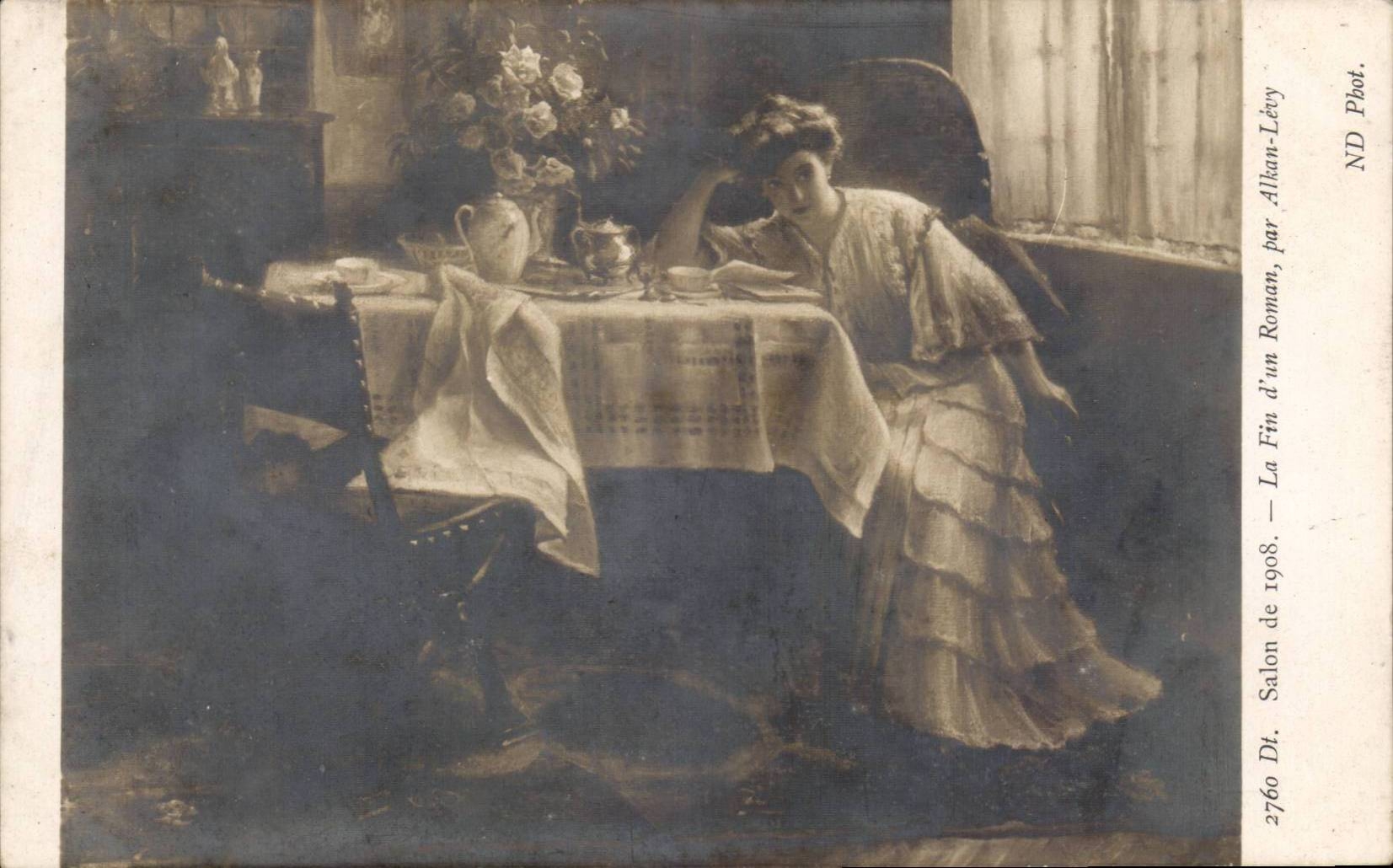 CPA Fantaisie Salon de 1908 Le fin d'un roman Alkan levy