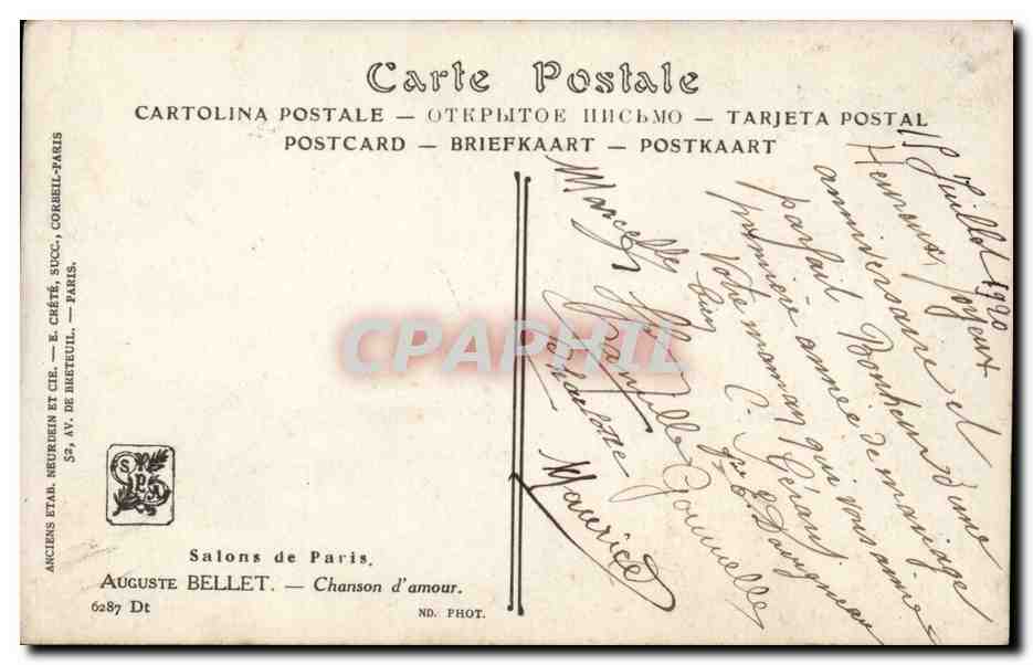 CPA Fantaisie Salons de paris Auguste Bellet Chanson d'amour — Verso