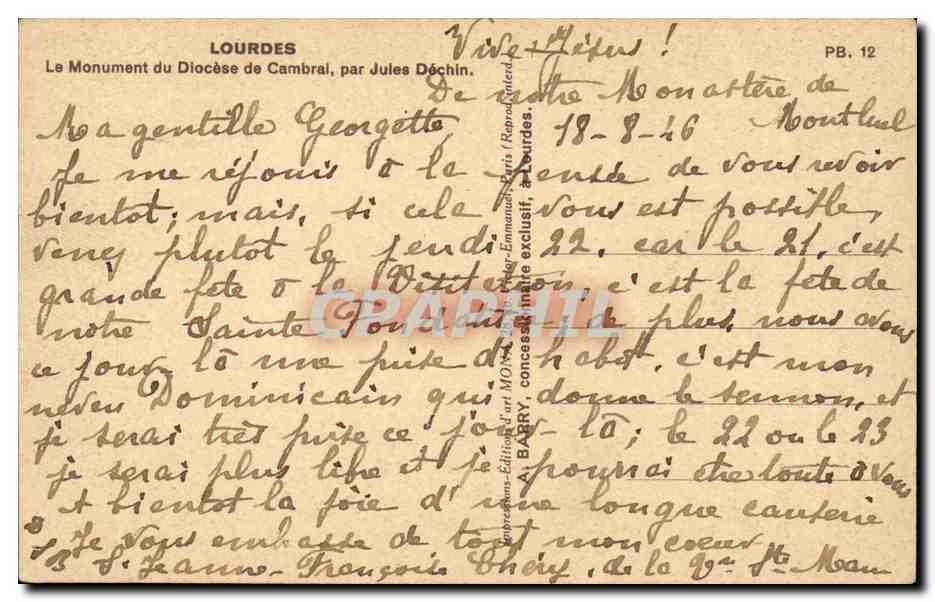 CPA Lourdes Le monument du diocese de Cambrai par Jules Dechin — Verso