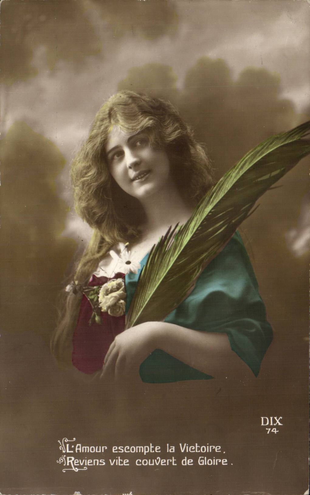 Jeune femme en robe verte tenant une plume de palmier — L'Amour escompte la Victoire. Reviens vite couvert de Gloire — DIX 74