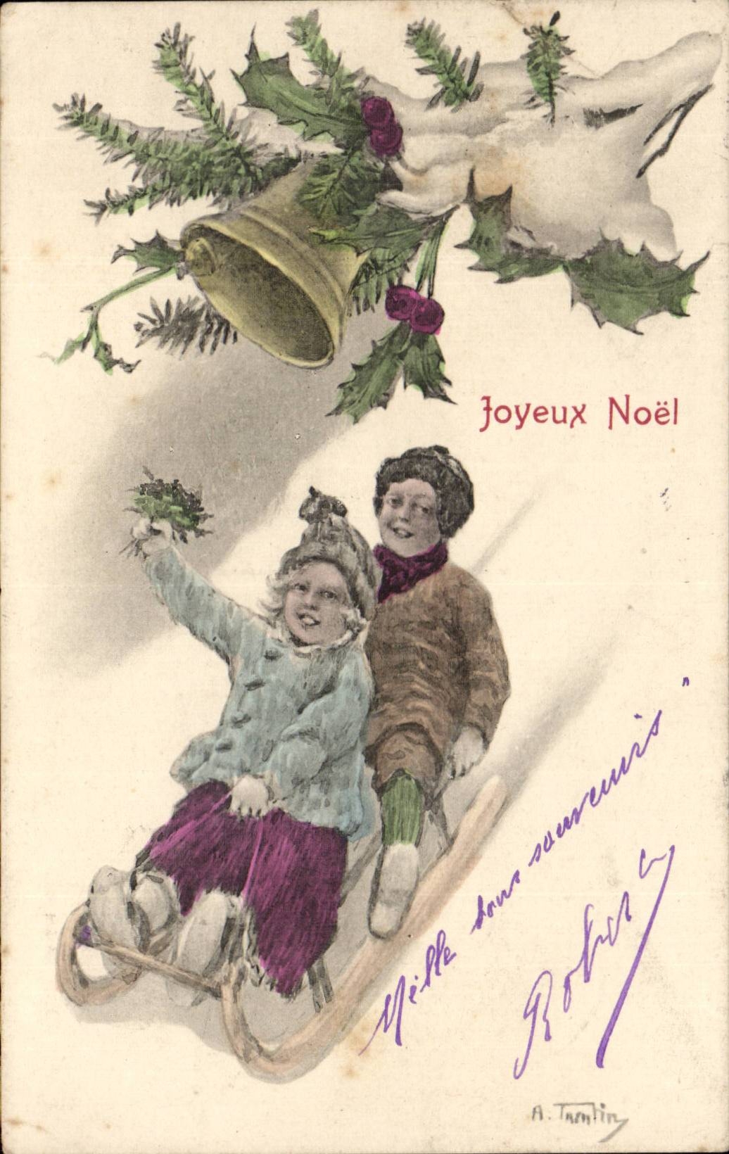 Enfants sur traîneau — Joyeux Noël — A. Tamlin