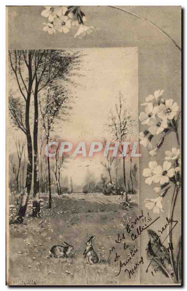 CPA Fantaisie paysage et lapins Rabbits