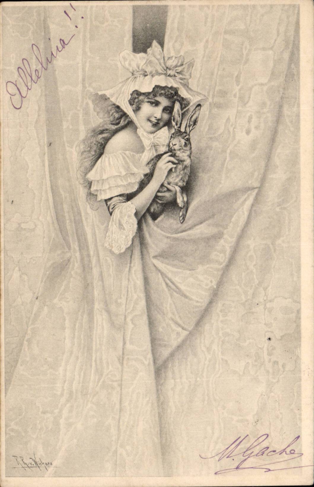 Jeune femme en robe à volants tenant un lapin — M. Gache, éditeur, n° 138