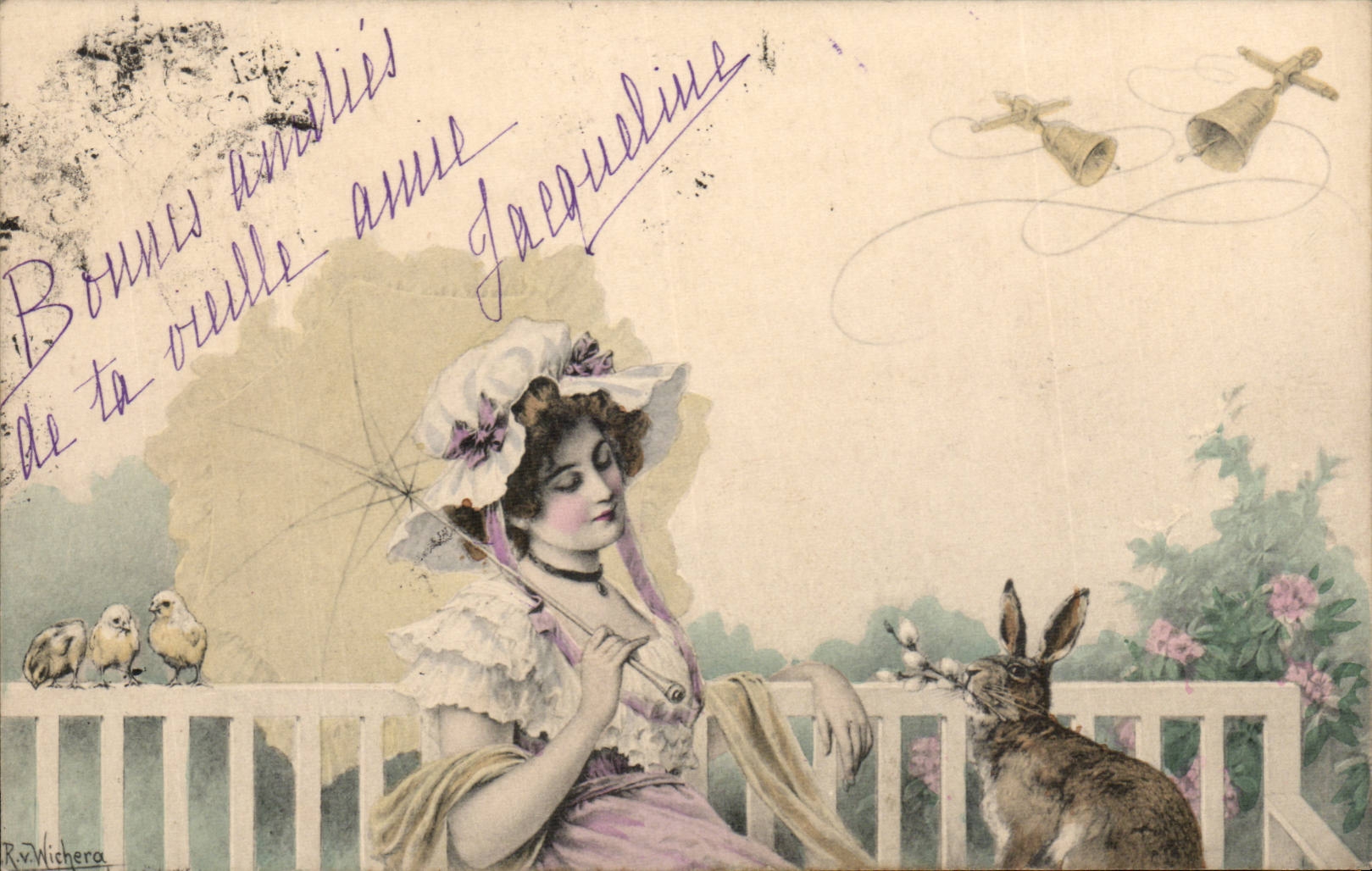 Femme en robe rose avec lapin et poussins — R. Wichera — éditeur non visible