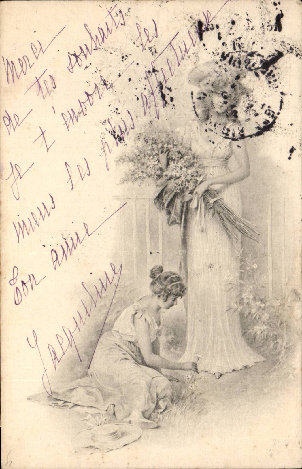 Femme debout offrant un bouquet à une femme agenouillée — M. M. Vienne, N° 82
