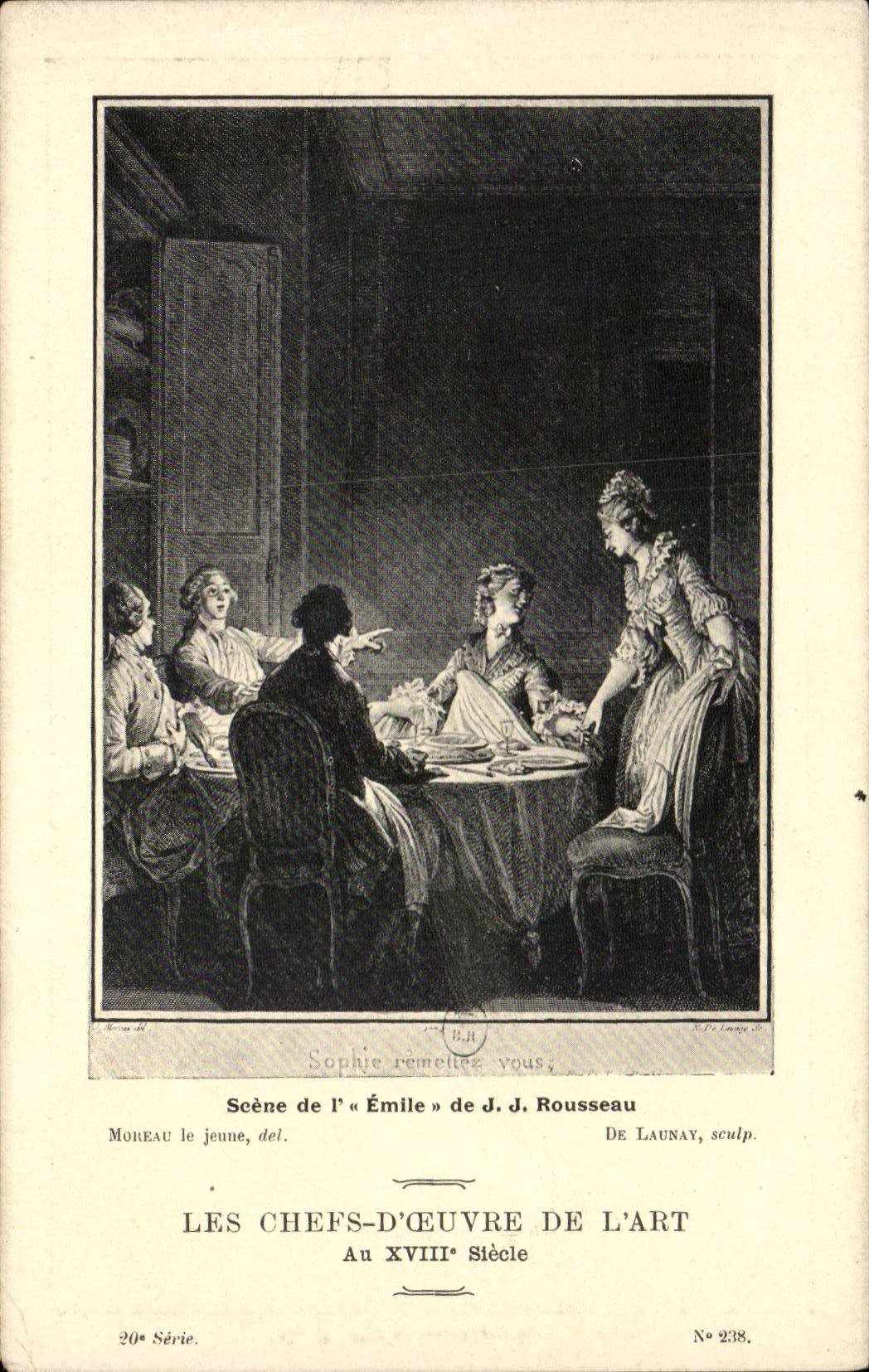 Scène de l'« Émile » de J.J. Rousseau — Les Chefs-d'Œuvre de l'Art, 20e Série, n° 238 — gravure de Moreau le Jeune, sculpture de De Launay