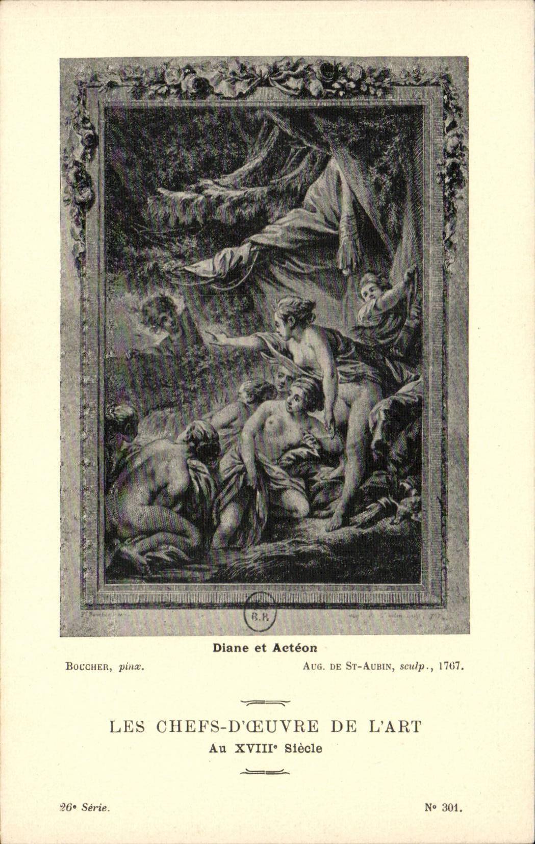Diane et Actéon — gravure de Boccher, peinture de Aug. de St-Aubin, 1767 — Série 26, N° 301, 'Les Chefs-d'Œuvre de l'Art Au XVIIIe Siècle'