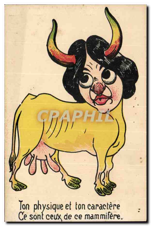 CPA Fantaisie Femme Ton physique et ton caractere ce sont ceux de ce mammifere Taureau Boeuf Bull