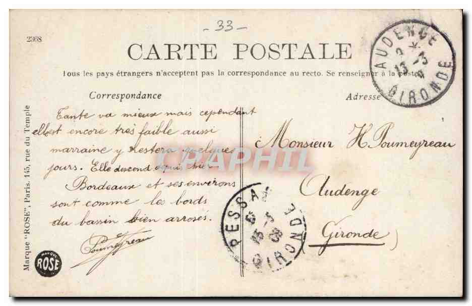 Bordeaux — La Tour Pey Berland (XVe siècle) — Marque 'ROSE', n° 2668 — Verso