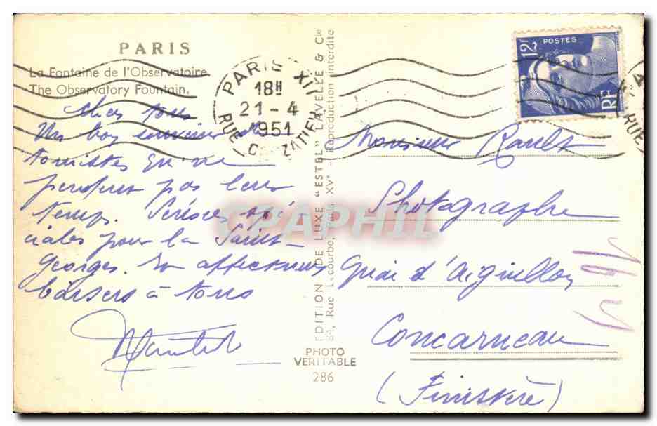 CPA Paris Fontaine de l'observatoire  — Rückseite