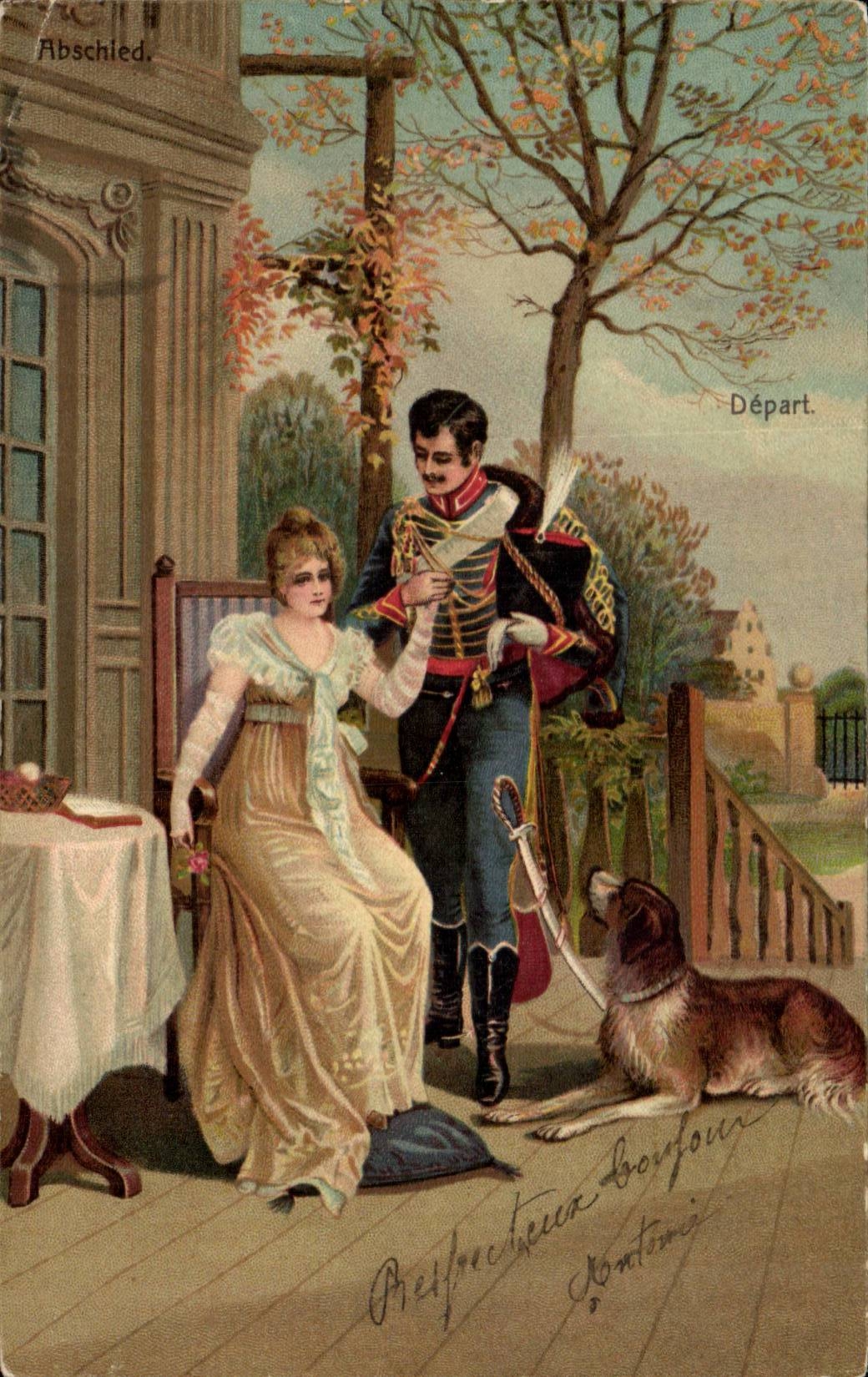 CPA Fantaisie Femme et militaire en uniforme chien dog