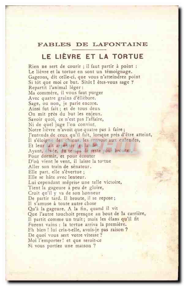 CPA Fantaisie FAbles de la Fontaine Le lievre et la tortue Gustave Dore — Rückseite