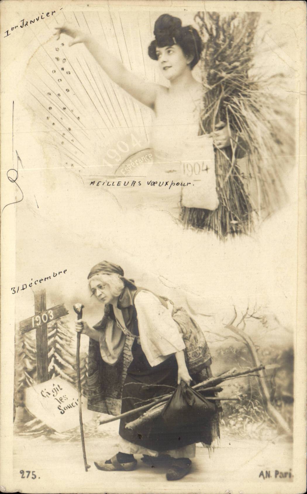 Soggetto: Capodanno 1904 — Due scene (donna con ventaglio, donna in paesaggio invernale) — AN Paris, n° 275