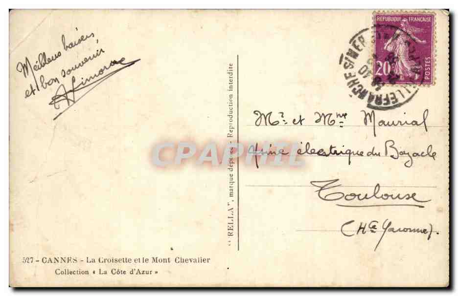 CPA Cannes La Croisette et le Mont chevalier  — Rückseite