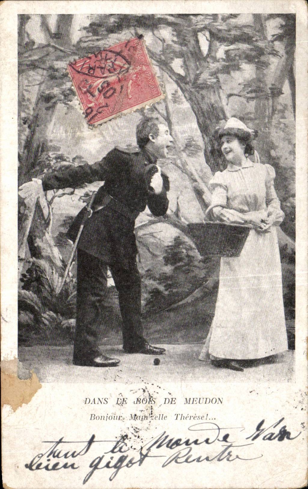 CPA Fantaisie Femme Dans le bois de Meudon Bonjour Manzelle Therese