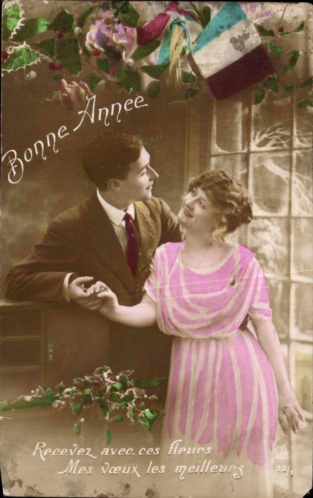Couple amoureux — Nouvel An — Carte postale de Noël 1917
