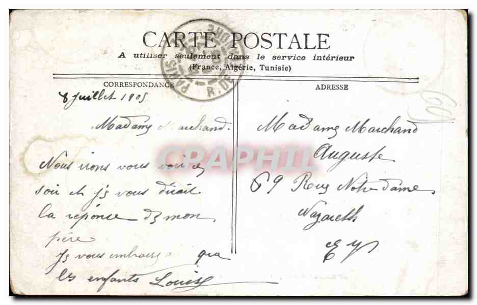 Paris CPA Rue du Louvre et hotel des Postes — Verso