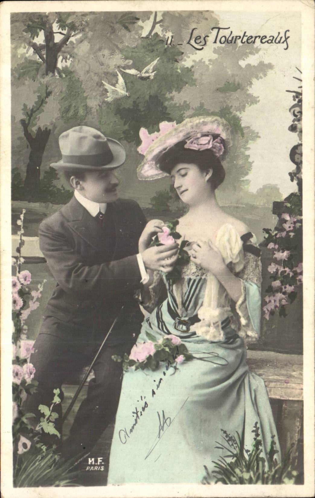 Les Tourtereaufs — scène de courtoisie en jardin — M.F. PARIS
