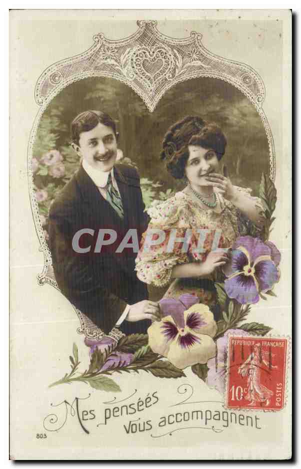 Couple amoureux — décor floral et cœur — éditeur inconnu, n° 803