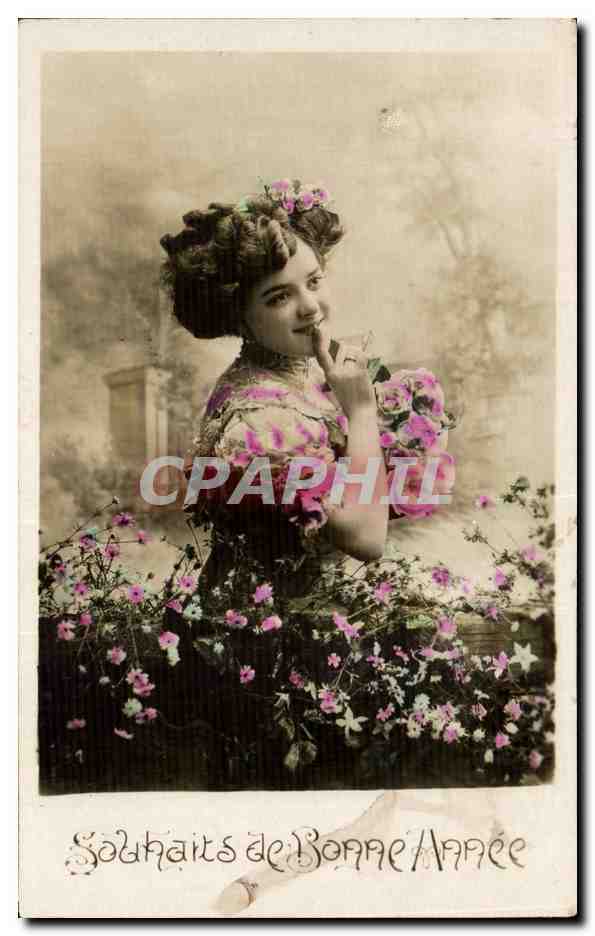 Jeune femme en fleurs — Souhaits de Bonne Année — Carte postale française