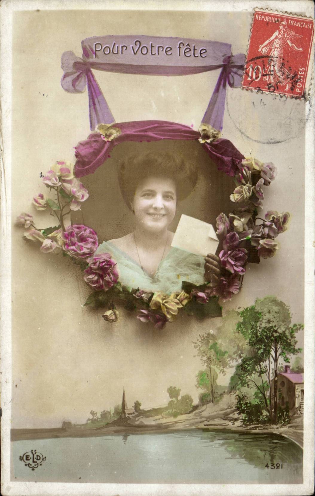Femme souriante dans un cadre floral — Pour votre fête — ELD, n°4321