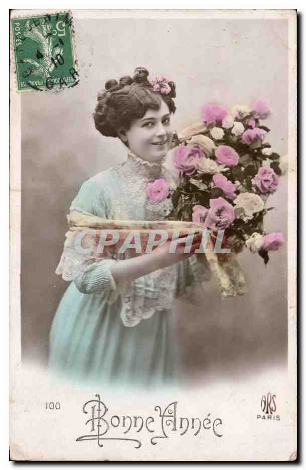 Femme tenant un bouquet de roses — Bonne Année — ORS PARIS n°100