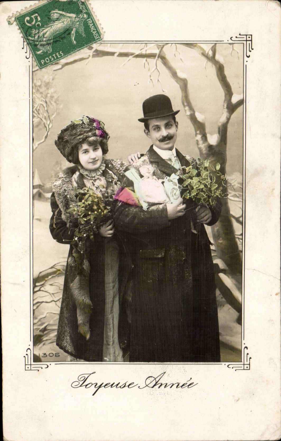 Couple en tenue d'hiver — 'Joyeuse Année' — Éditeur inconnu, n° 305